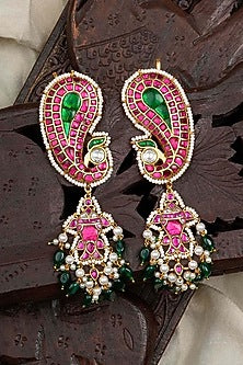 Gold Plated Uncut Polki & Beaded Jadau Dangler Earrings