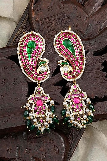 Gold Plated Uncut Polki & Beaded Jadau Dangler Earrings