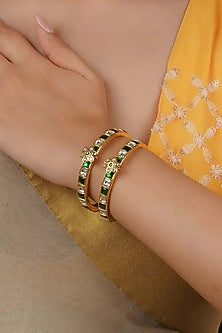 Gold Plated Uncut Polki & Beaded Jadau Bangles (Set Of 2)