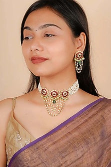 Gold Plated Uncut Polki & Beaded Jadau Choker Necklace Set