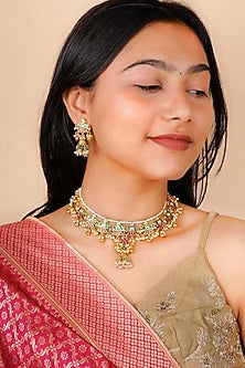 Gold Plated Uncut Polki & Beaded Jadau Choker Necklace Set
