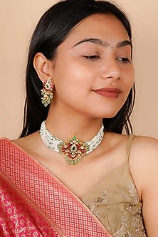Gold Plated Uncut Polki & Beaded Jadau Choker Necklace Set