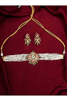 Gold Plated Uncut Polki & Beaded Jadau Choker Necklace Set