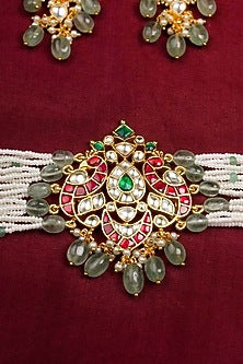 Gold Plated Uncut Polki & Beaded Jadau Choker Necklace Set