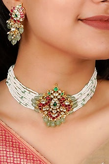 Gold Plated Uncut Polki & Beaded Jadau Choker Necklace Set