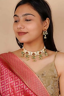 Gold Plated Uncut Polki & Beaded Jadau Choker Necklace Set