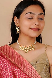 Gold Plated Uncut Polki & Beaded Jadau Choker Necklace Set
