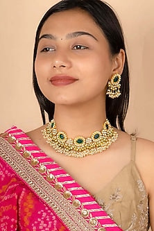 Gold Plated Uncut Polki & Beaded Jadau Choker Necklace Set