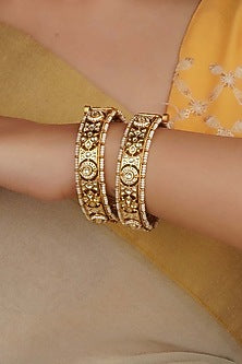 Gold Plated Uncut Polki & Beaded Jadau Bangles (Set Of 2)
