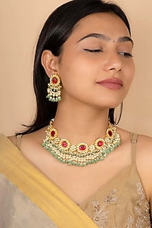 Gold Plated Uncut Polki & Beaded Jadau Choker Necklace Set