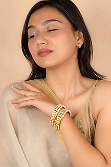 Gold Plated Uncut Polki & Beaded Jadau Bangles (Set Of 2)