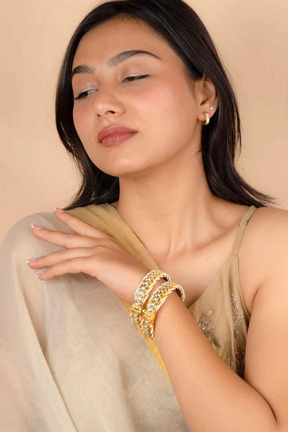 Gold Plated Uncut Polki & Beaded Jadau Bangles (Set Of 2)