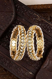 Gold Plated Uncut Polki & Beaded Jadau Bangles (Set Of 2)