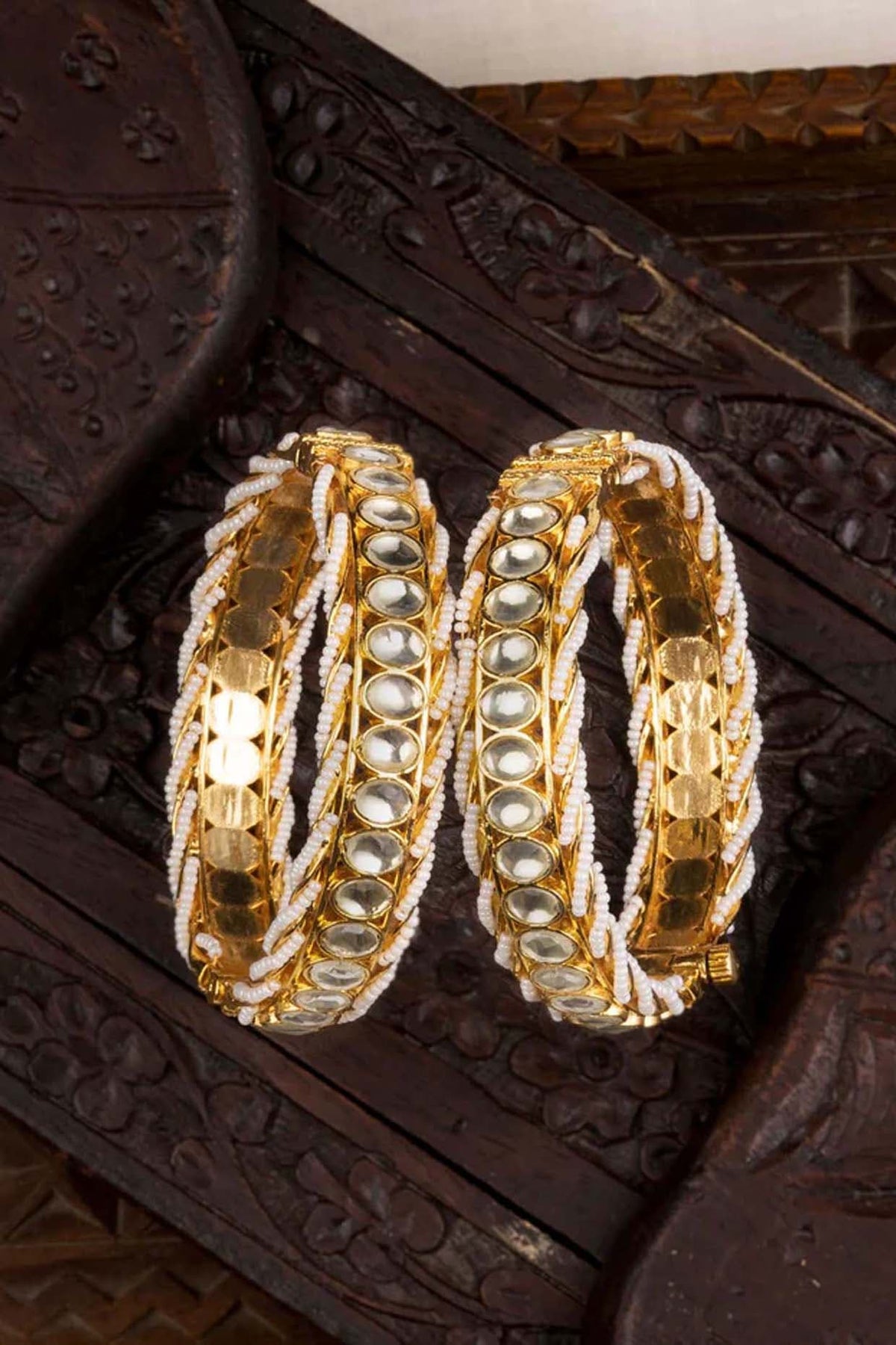 Gold Plated Uncut Polki & Beaded Jadau Bangles (Set Of 2)