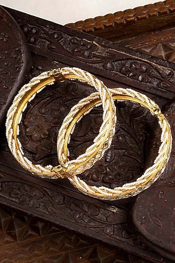 Gold Plated Uncut Polki & Beaded Jadau Bangles (Set Of 2)