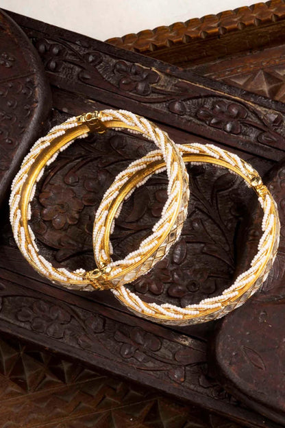 Gold Plated Uncut Polki & Beaded Jadau Bangles (Set Of 2)