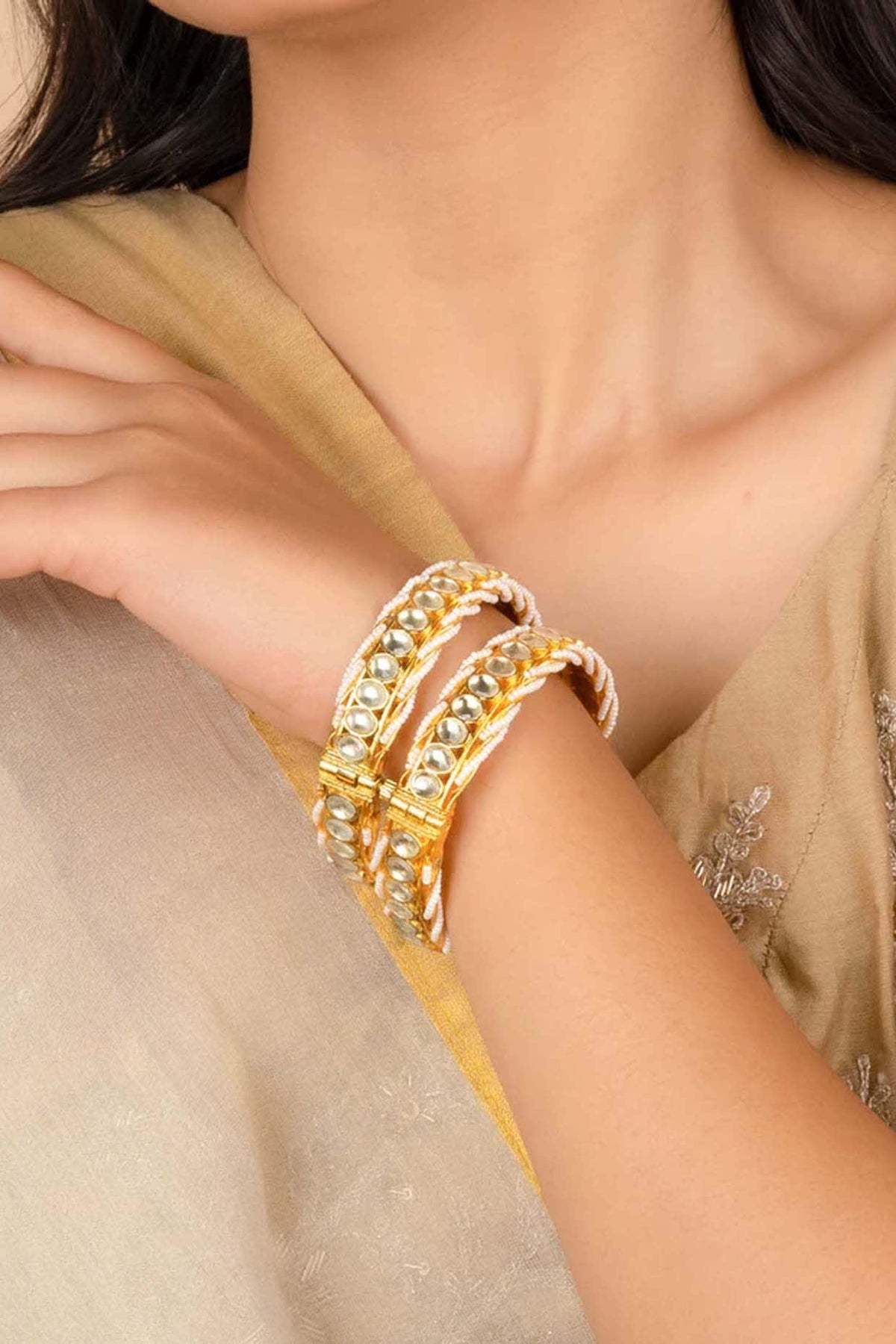 Gold Plated Uncut Polki & Beaded Jadau Bangles (Set Of 2)