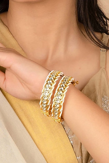 Gold Plated Uncut Polki & Beaded Jadau Bangles (Set Of 2)