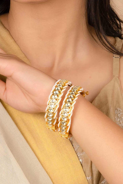 Gold Plated Uncut Polki & Beaded Jadau Bangles (Set Of 2)