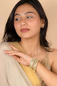 Gold Plated Uncut Polki & Beaded Jadau Bangles (Set Of 2)