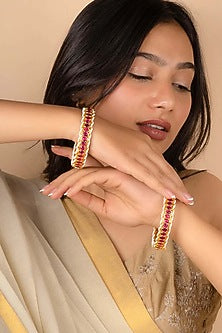 Gold Plated Uncut Polki & Beaded Jadau Bangles (Set Of 2)