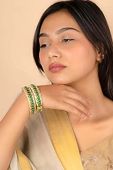 Gold Plated Uncut Polki & Beaded Jadau Bangles (Set Of 2)