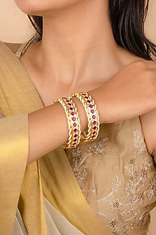 Gold Plated Uncut Polki & Beaded Jadau Bangles (Set Of 2)