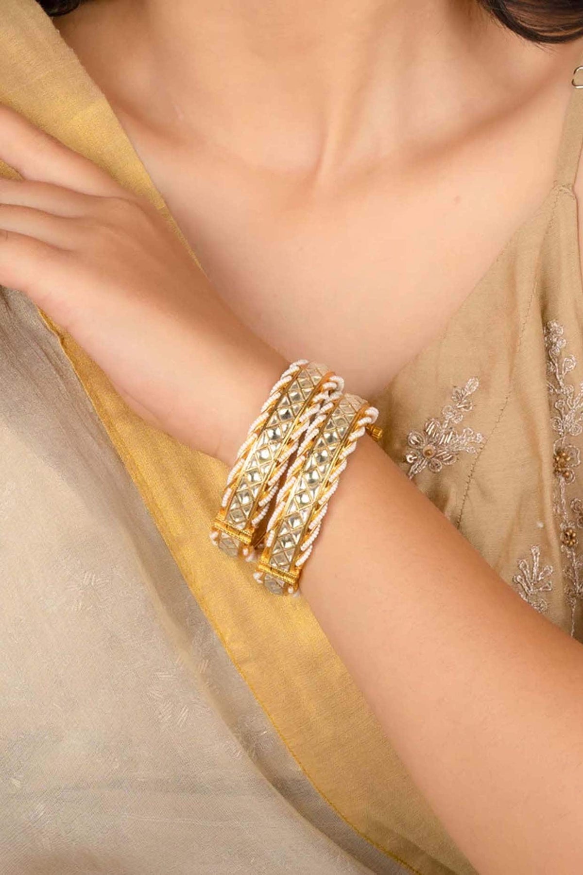 Gold Plated Uncut Polki & Beaded Jadau Bangles (Set Of 2)