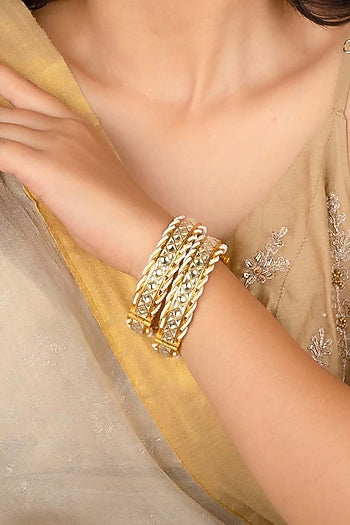 Gold Plated Uncut Polki & Beaded Jadau Bangles (Set Of 2)