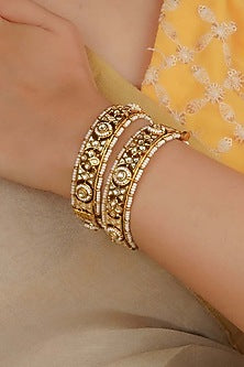 Gold Plated Uncut Polki & Beaded Jadau Bangles (Set Of 2)