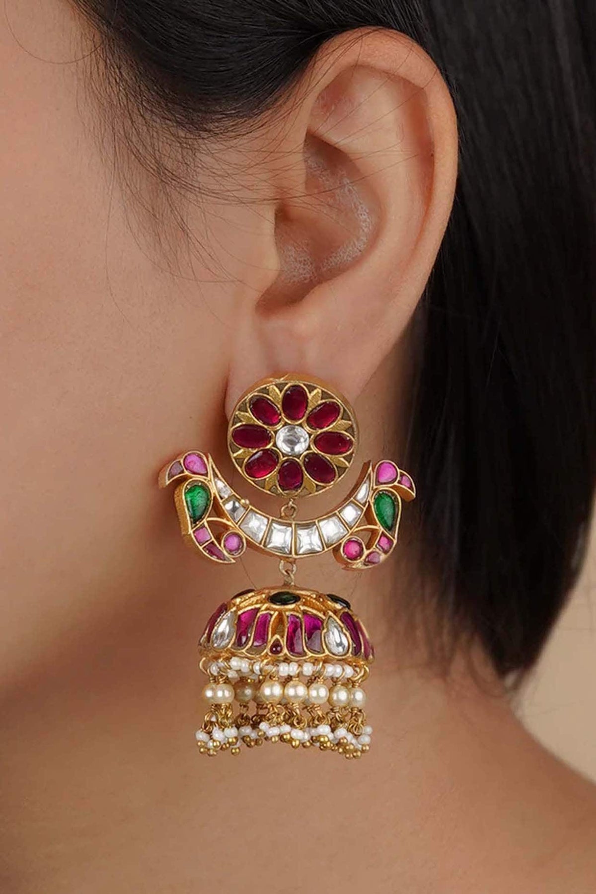 Gold Plated Uncut Polki & Beaded Jadau Dangler Earrings