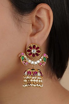 Gold Plated Uncut Polki & Beaded Jadau Dangler Earrings