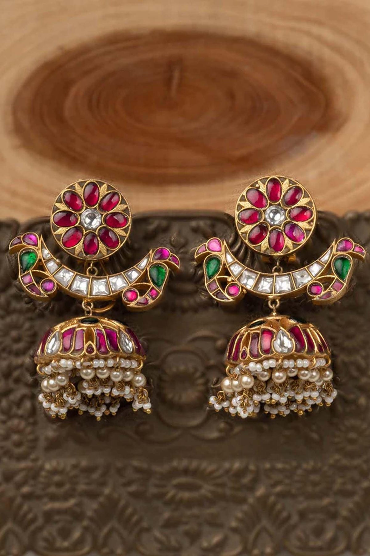 Gold Plated Uncut Polki & Beaded Jadau Dangler Earrings