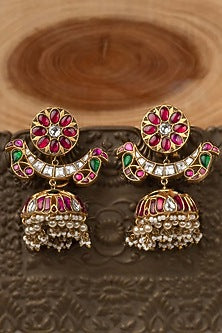 Gold Plated Uncut Polki & Beaded Jadau Dangler Earrings