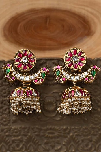 Gold Plated Uncut Polki & Beaded Jadau Dangler Earrings