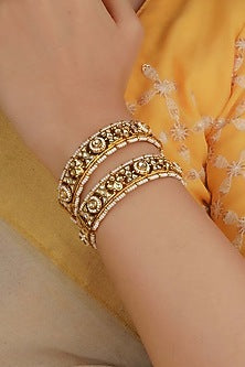 Gold Plated Uncut Polki & Beaded Jadau Bangles (Set Of 2)