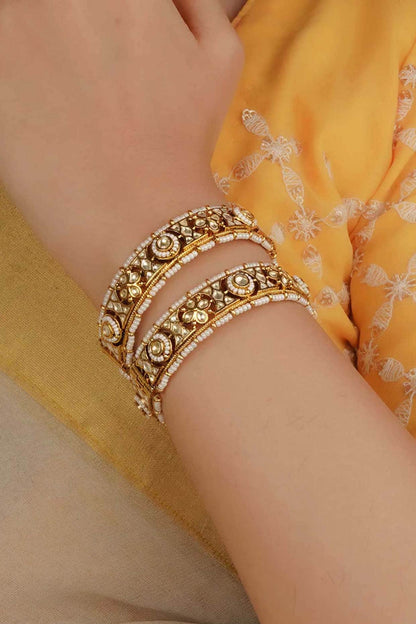 Gold Plated Uncut Polki & Beaded Jadau Bangles (Set Of 2)