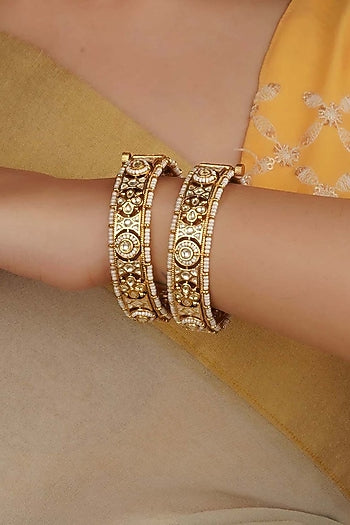 Gold Plated Uncut Polki & Beaded Jadau Bangles (Set Of 2)