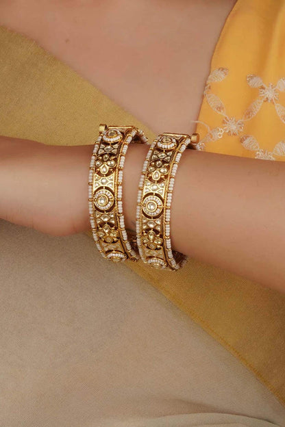Gold Plated Uncut Polki & Beaded Jadau Bangles (Set Of 2)