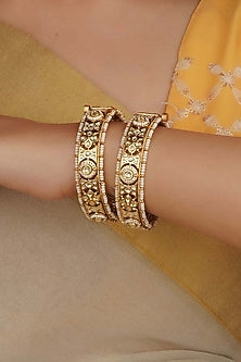 Gold Plated Uncut Polki & Beaded Jadau Bangles (Set Of 2)