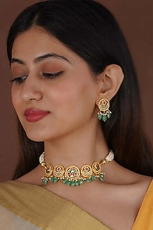 Gold Plated Uncut Polki & Beaded Jadau Choker Necklace Set