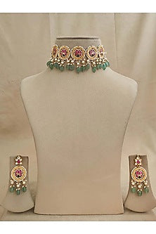 Gold Plated Uncut Polki & Beaded Jadau Choker Necklace Set