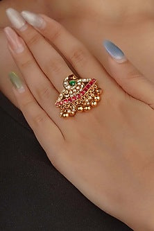 Gold Plated Uncut Polki & Beaded Jadau Ring