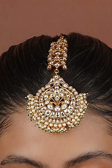 Gold Plated Uncut Polki & Beaded Jadau Maangtikka