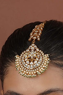 Gold Plated Uncut Polki & Beaded Jadau Maangtikka