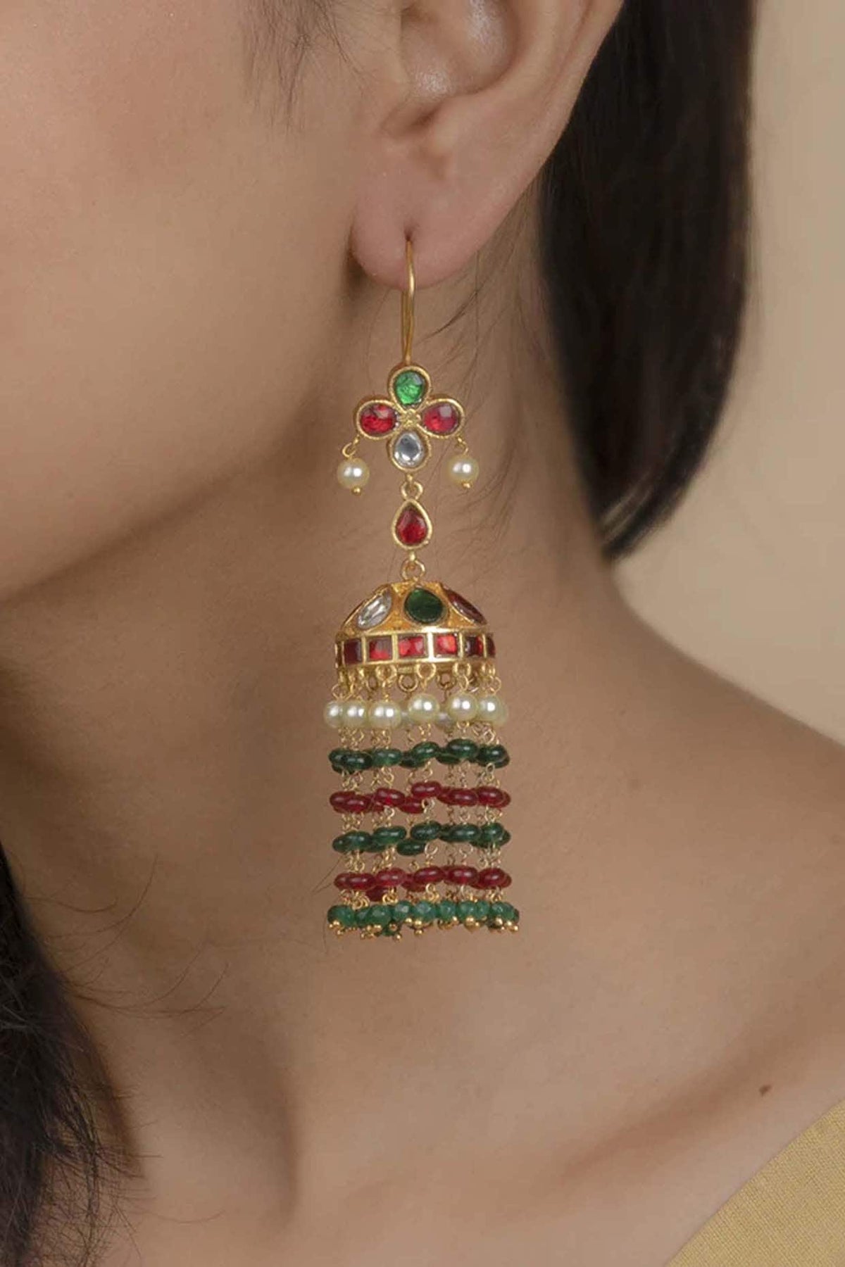 Gold Plated Uncut Polki & Beaded Jadau Dangler Earrings