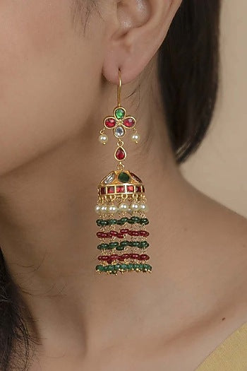 Gold Plated Uncut Polki & Beaded Jadau Dangler Earrings