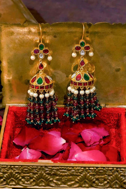 Gold Plated Uncut Polki & Beaded Jadau Dangler Earrings