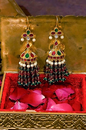 Gold Plated Uncut Polki & Beaded Jadau Dangler Earrings