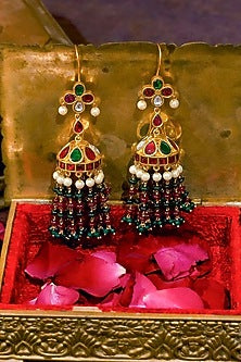 Gold Plated Uncut Polki & Beaded Jadau Dangler Earrings